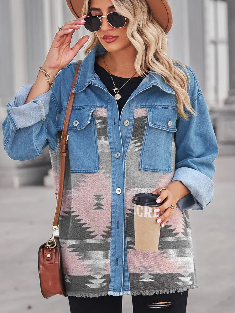 Coat with Patchwork, Geometric Pattern and Button Closure