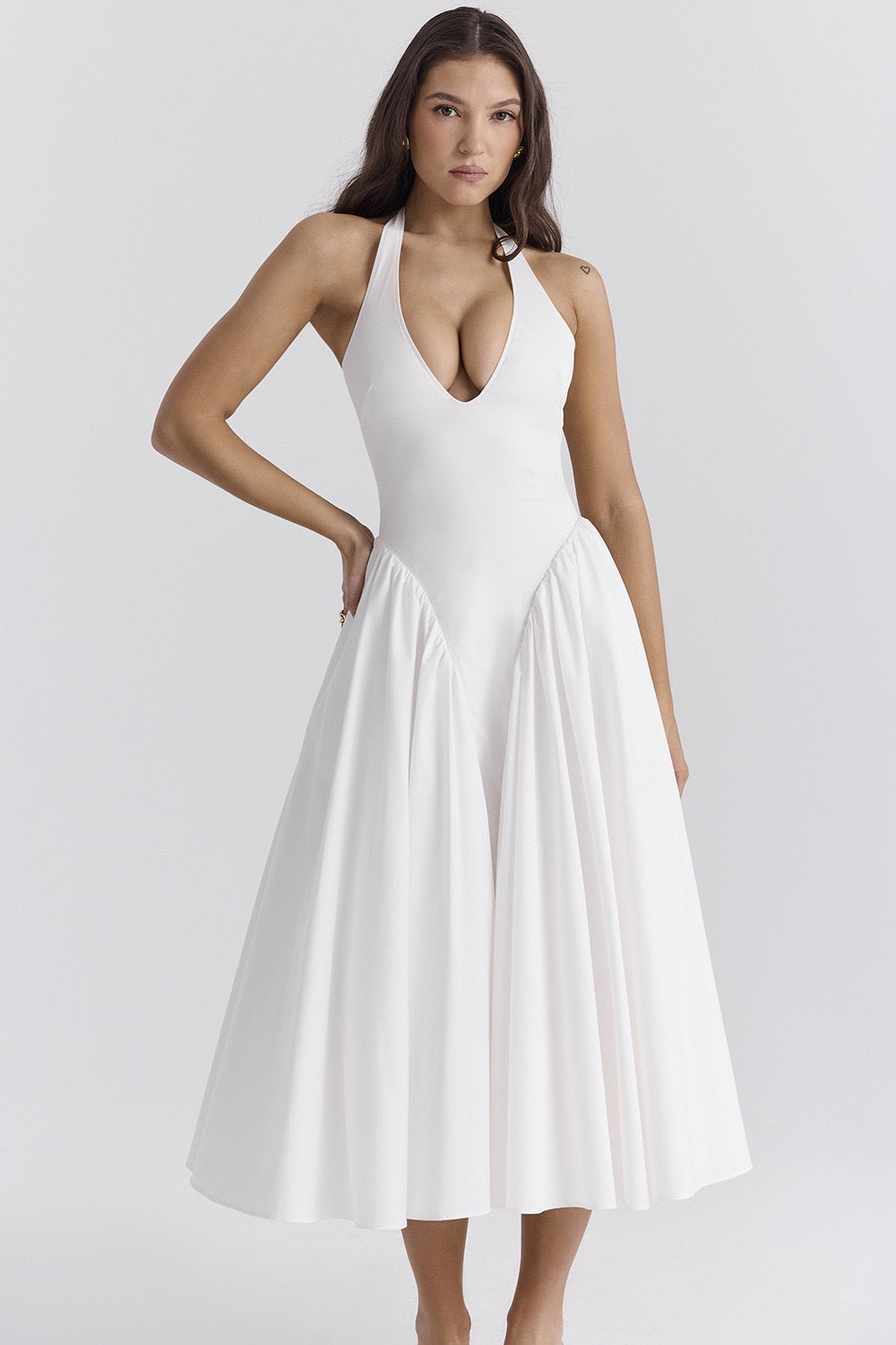 Modern White Cotton Halter Midi Sundress