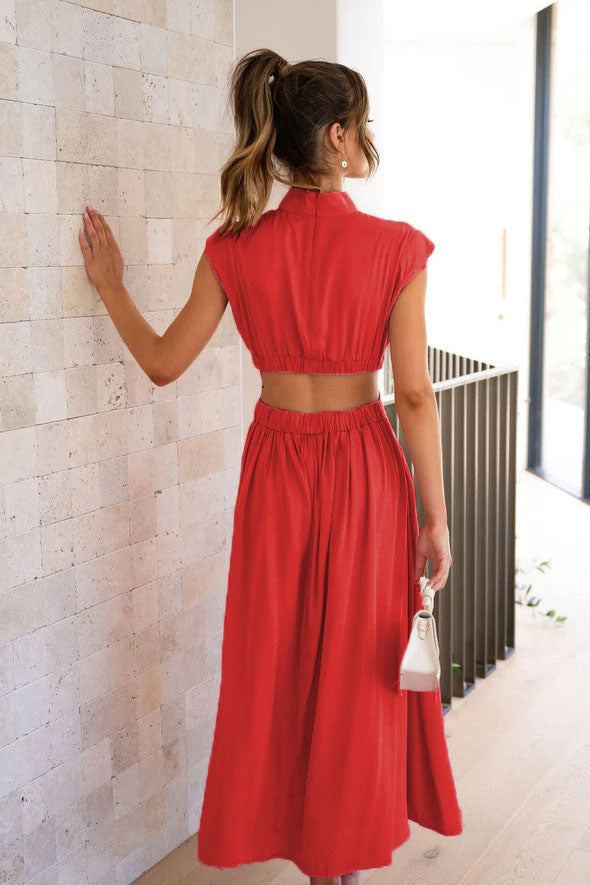 Cut-Out Waist Pocketed Vacation Midi-Length Dress