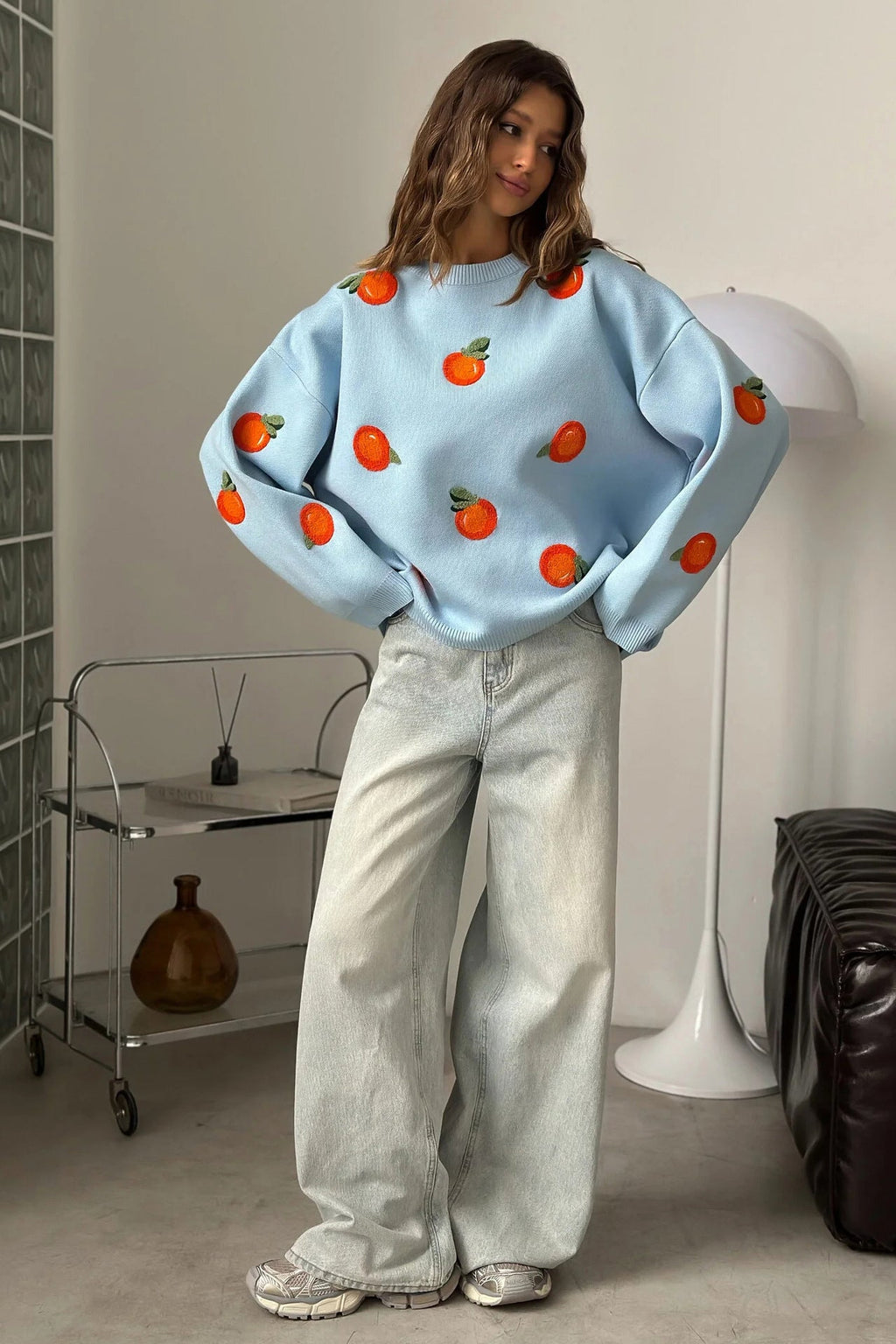 Modern Girls' Orange Flocked Knit Sweater