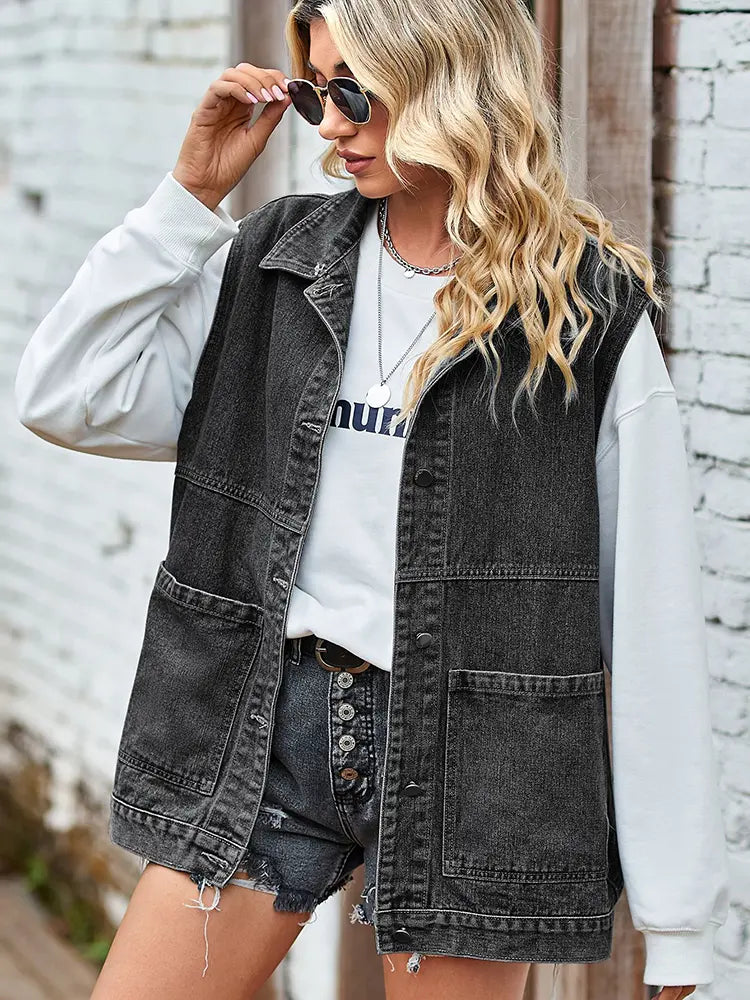 Denim Vest with Relaxed Fit in Black
