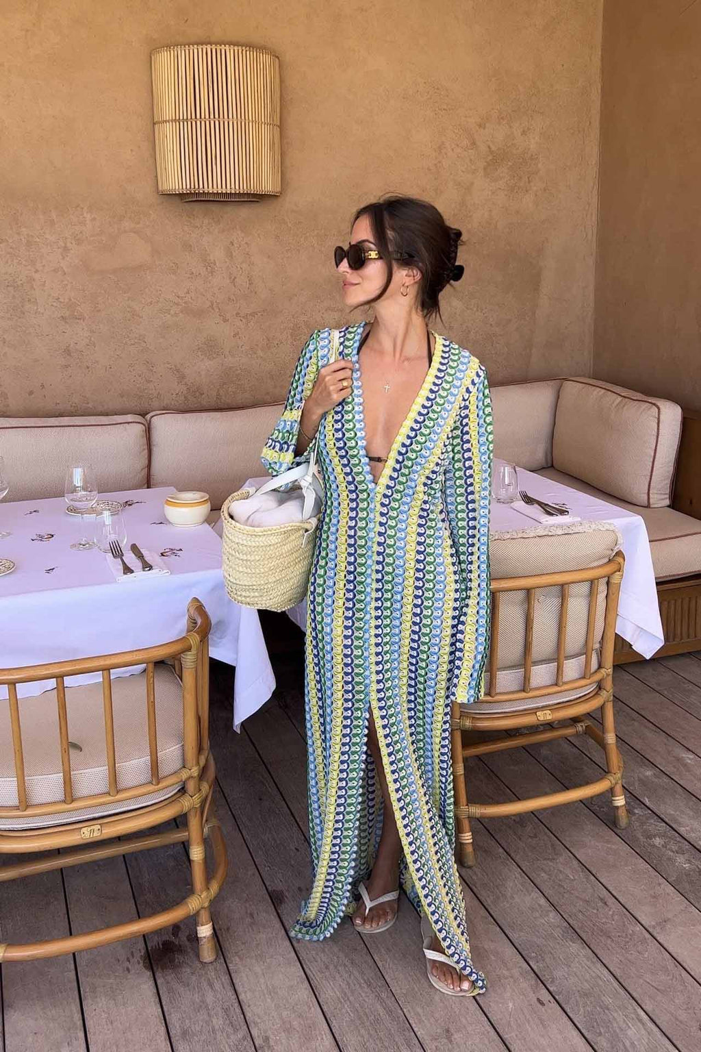 Boho V-Neck Bell Sleeve Wavy Striped Crochet Beach Vacation Maxi-Length Dress