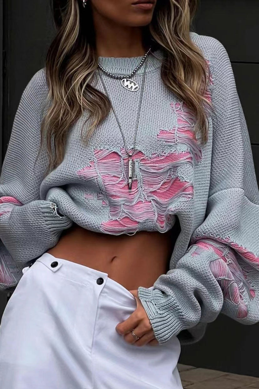 Colorblock Ripped Relaxed Knit Sweater