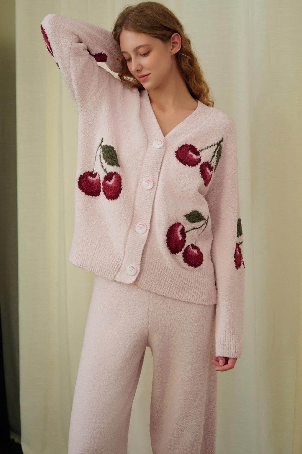 Soft Half Velvet Cherry Knit Cardigan Pajama Set