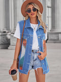 Denim Vest with Patchwork, Geometric Pattern and Button Closure
