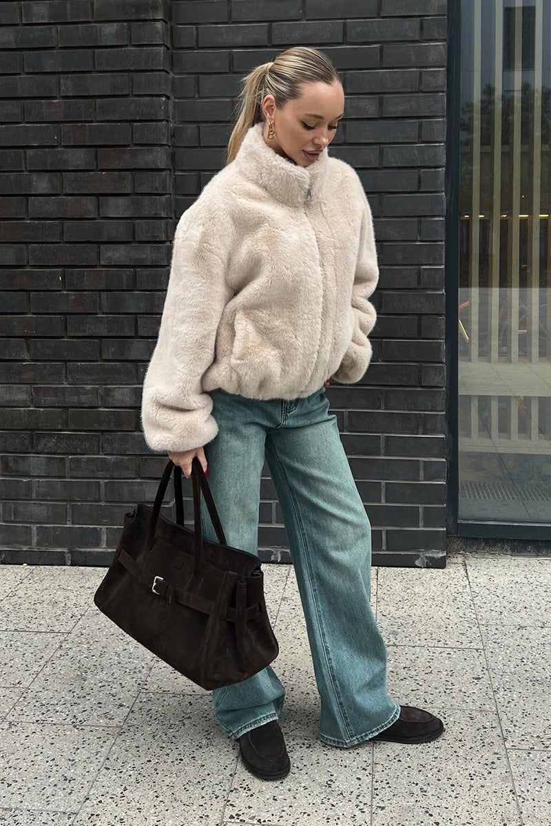 Modern Cozy Cream Short Faux-Fur Jacket