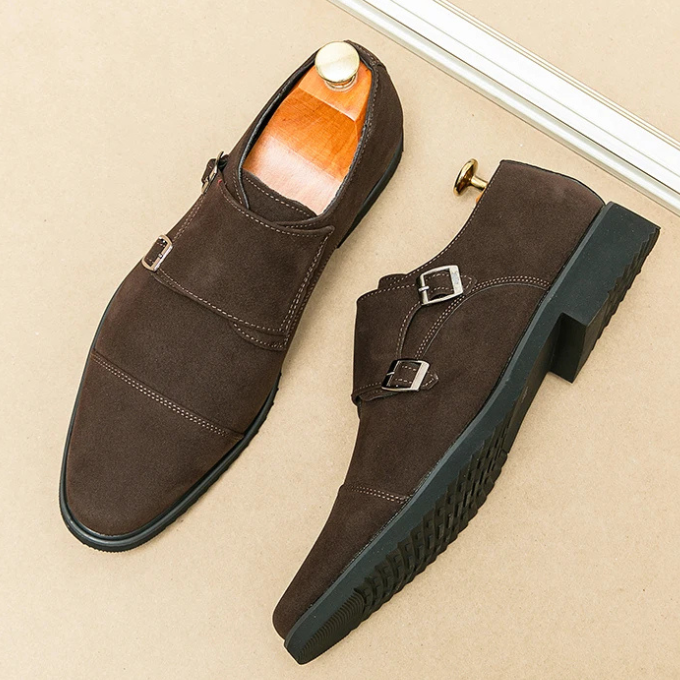 Suede Monk Strap Shoes with Double Buckle Strap