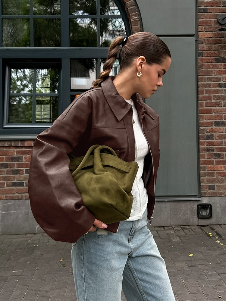 Oversized Leather Jacket with Stand Collar