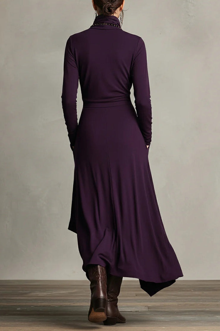 Purple High-neck Asymmetrical Pleated Maxi-Length Dress