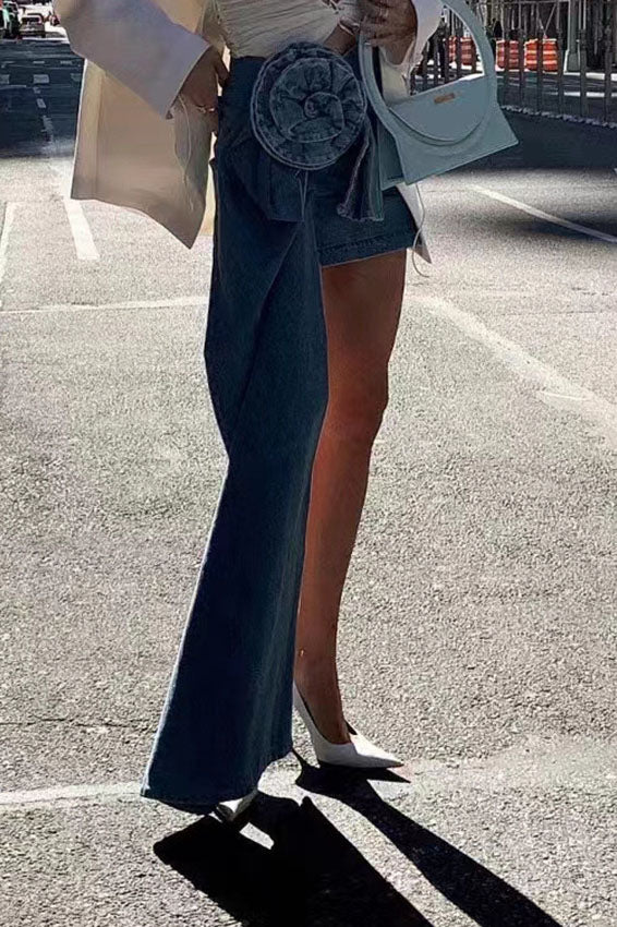 Modern Denim Mini Skirt With 3D Roses