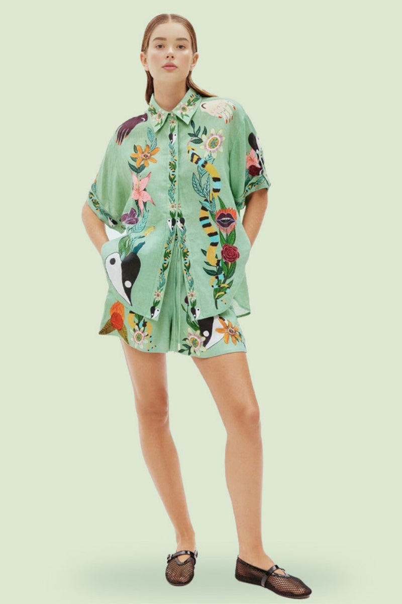 Distinctive Ethnic Print Loose Shirt And Shorts Set