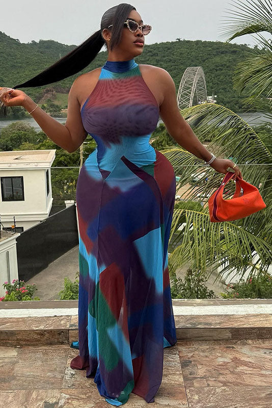 Fluid Tie-Dye Flared Cuff Maxi-Length Dress