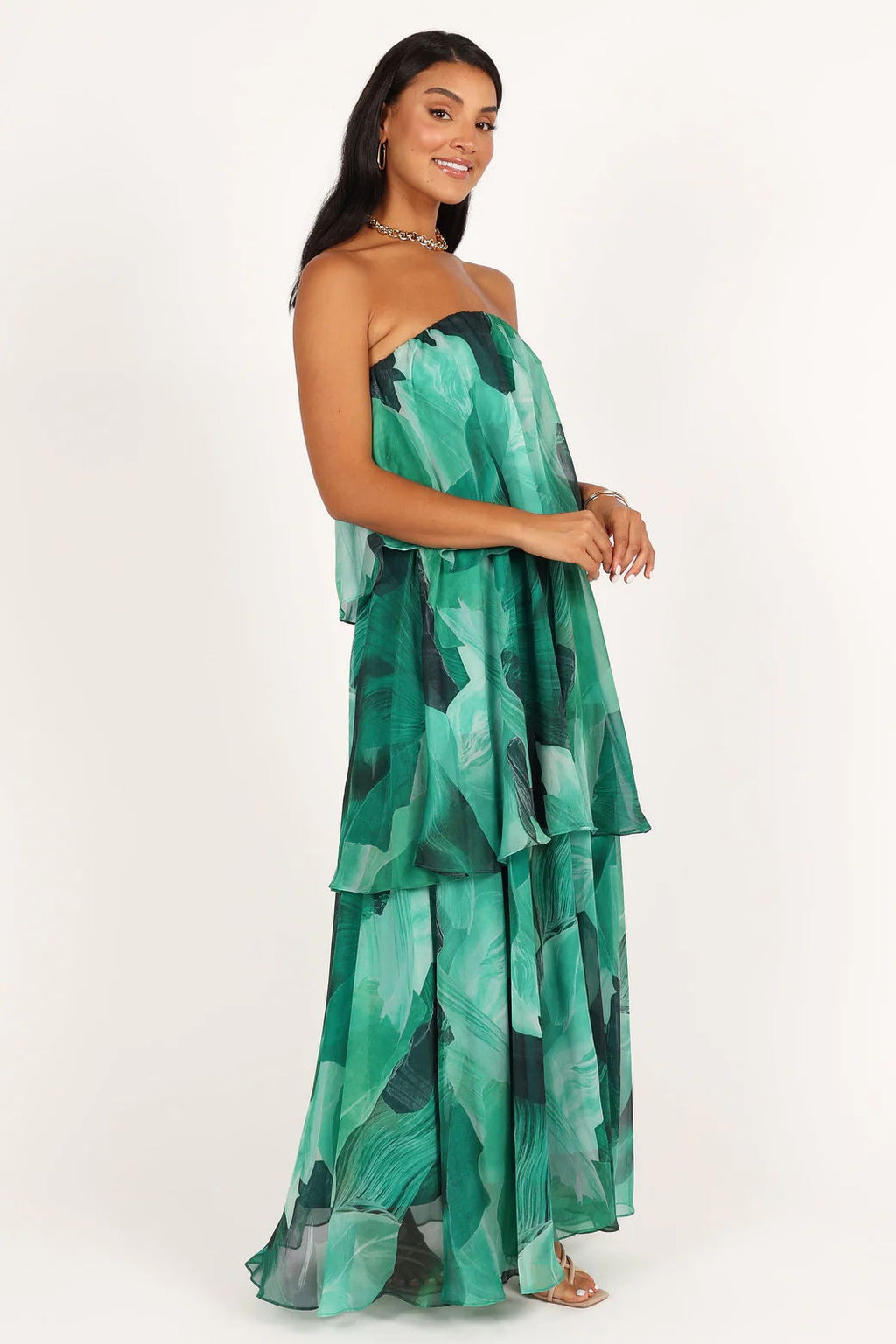 Calista Green Bloom Strapless Tiered Maxi-Length Dress
