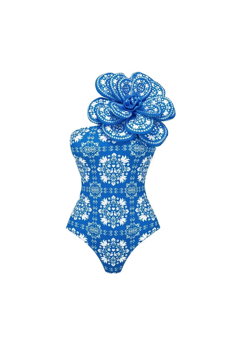 3D Flower Decor Ethnic Print Swimsuit