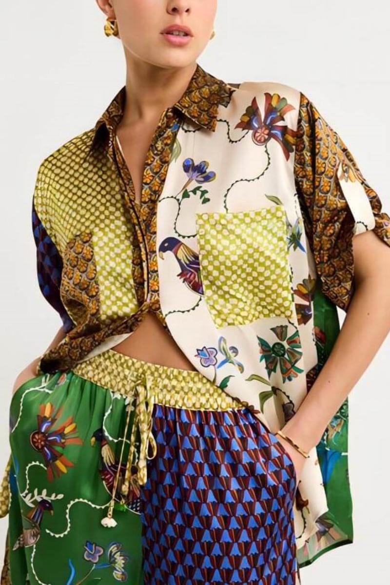 Special Folk Print Loose Wide-Leg Trousers-Set