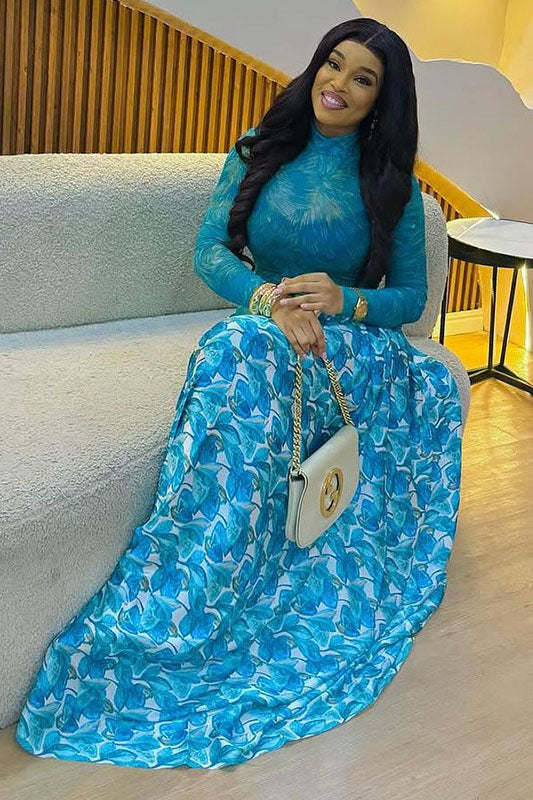 Blue Abstract Leaf Print Mesh Maxi-Length Dress