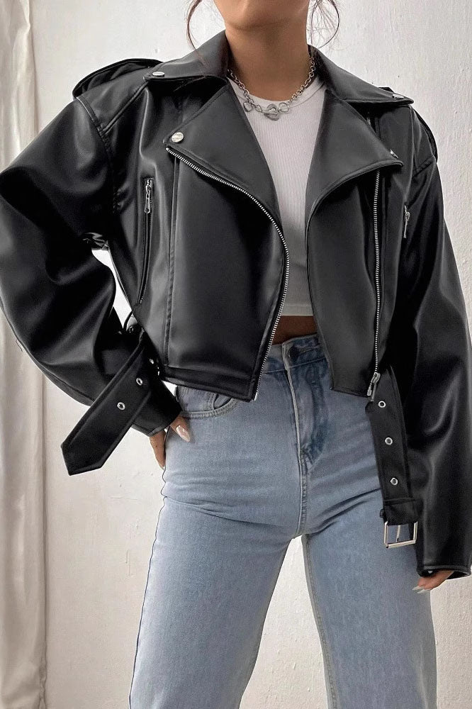 Modern Cropped leather jacket with offset zipper collar