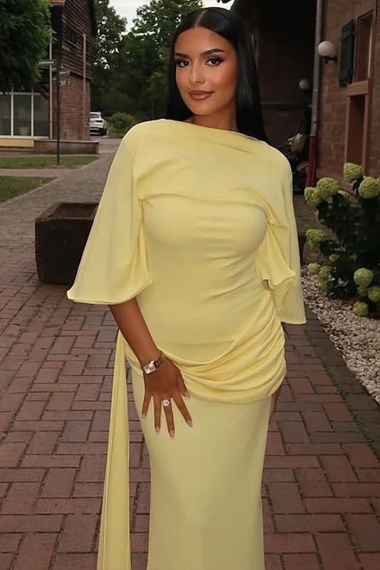 Open-Back Ruched Slit Maxi-Length Dress