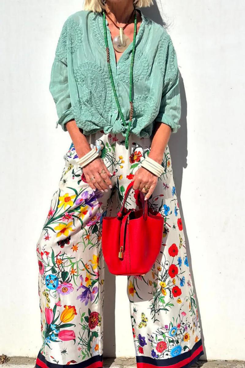 Flower Distinctive Print Elastic Waist Pocketed Wide-Leg Trousers-Set