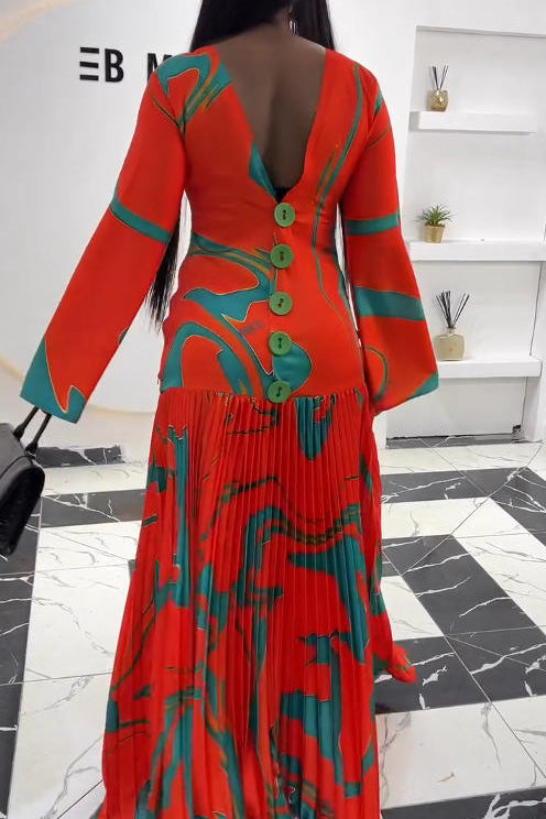 Tropical Wave Pleated Maxi-Length Dress