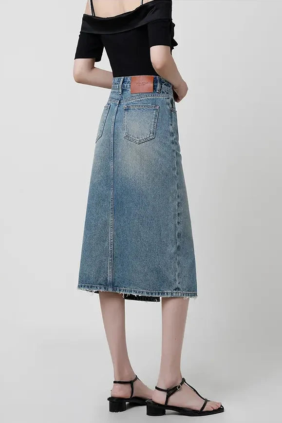 High-Waisted Slit Denim Skirt