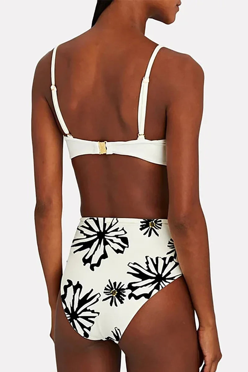 Flower Trim White Patterned Two-Piece Bikini