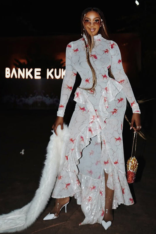 Koi Fish Print High-Neck Maxi-Length Dress