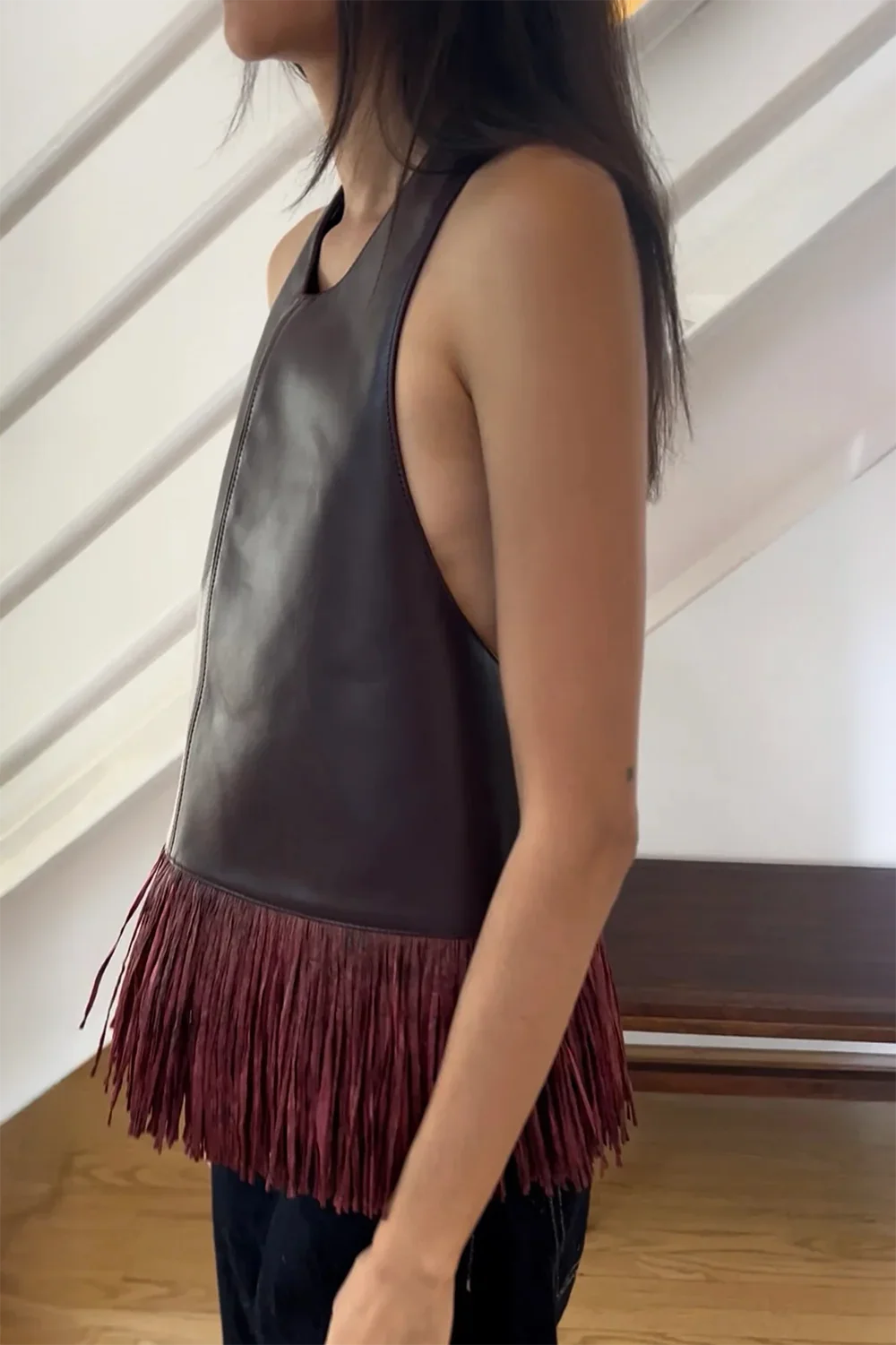 Modern Burgundy Leather Halter Fringe Top