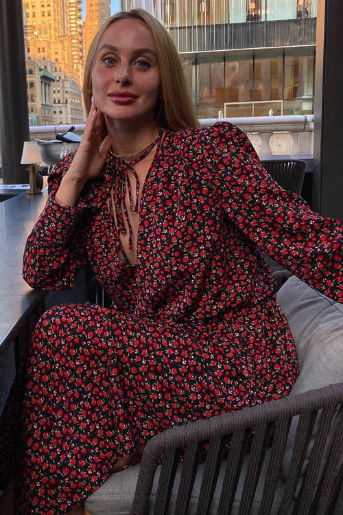 Bertha Flower V-Neck Midi-Length Dress