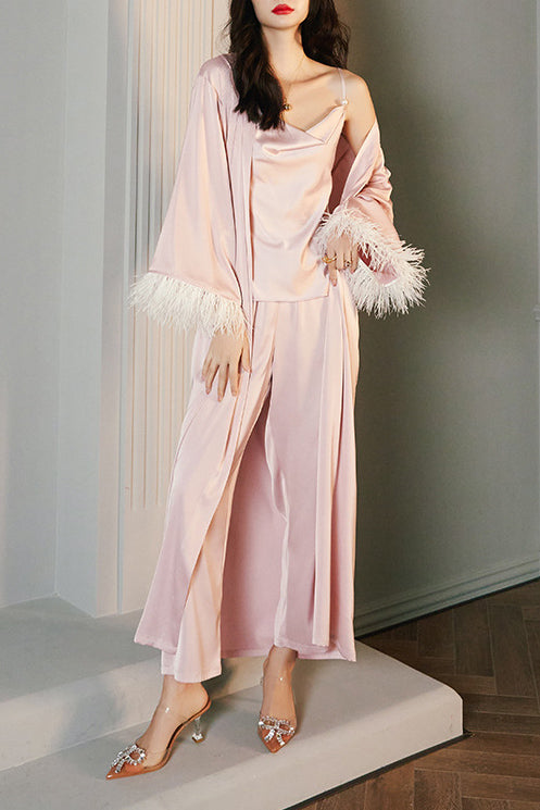Modern Feather Satin Kimono Robe