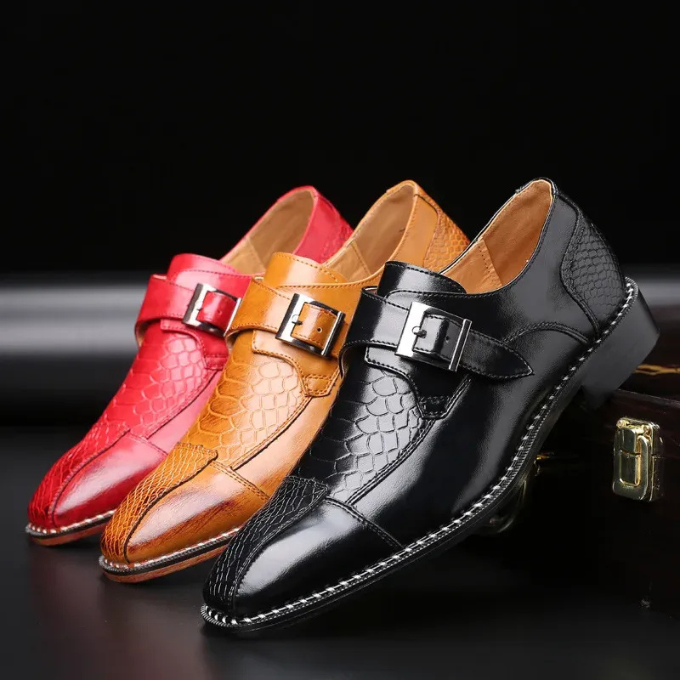 Full-Grain Leather Monk Strap Shoes with Embossed Texture