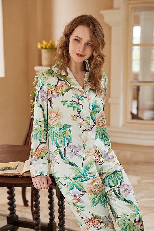 Coordinated Peony Print Long-Sleeve Loungewear Set