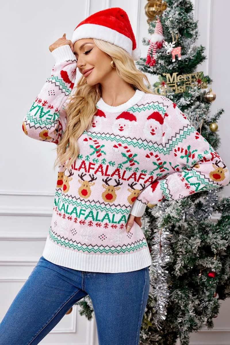 Loose-Fit Crew Neck Christmas Cartoon Knit Sweater - Pink