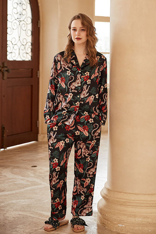 Jaguar and Flower Print Long-Sleeve Loungewear Set