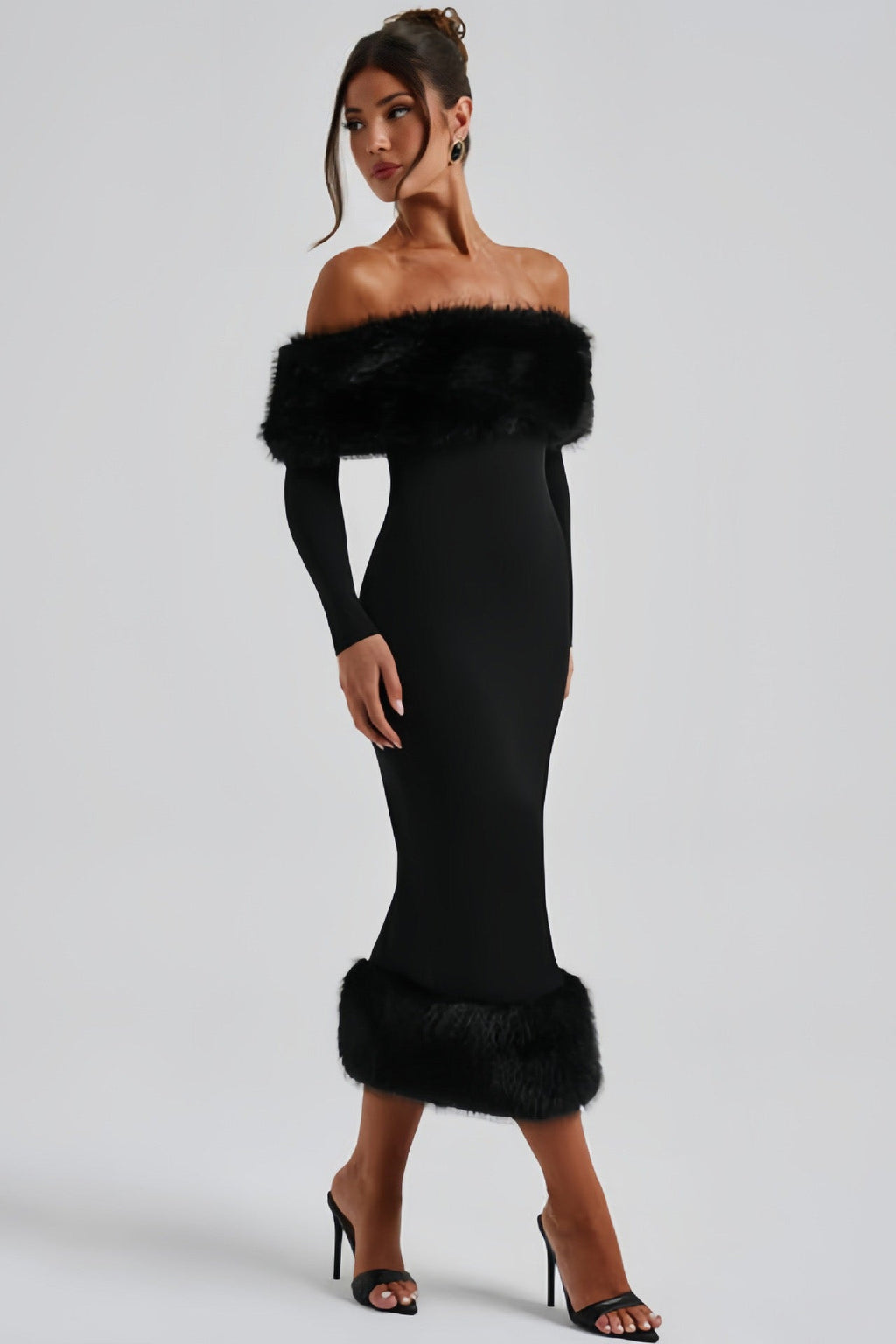 Refined One-Shoulder Fur Collar Slim Midi Dresses