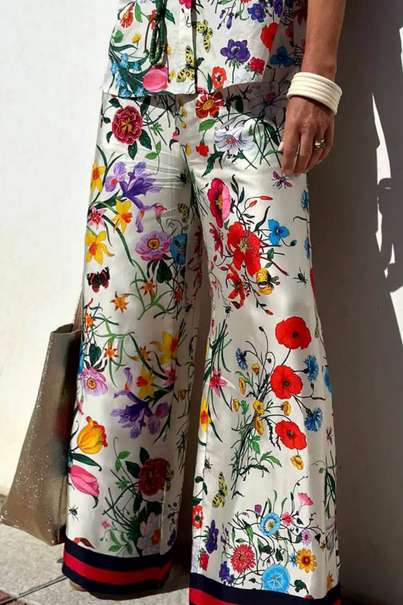 Flower Distinctive Print Elastic Waist Pocketed Wide-Leg Trousers-Set