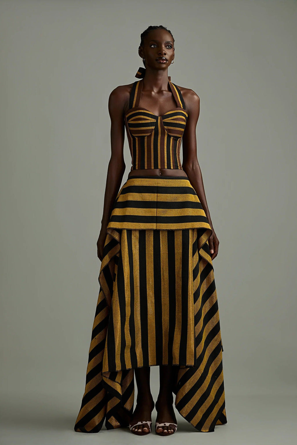 Modern Retro Gold Black Stripe Statement Maxi Skirt