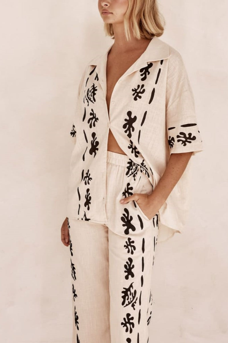 Black Patterned Cream Wide-Leg Trousers-Set