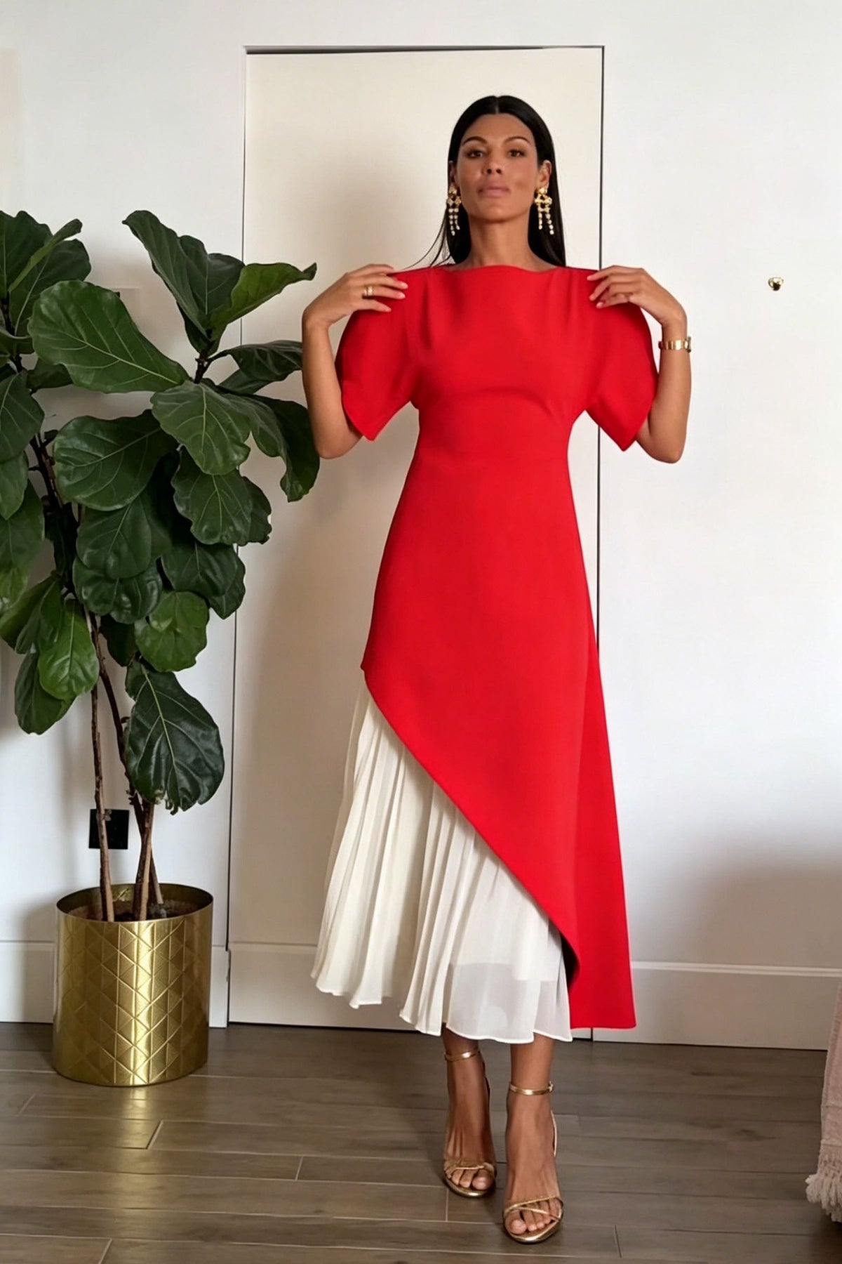 Modern Structured Red Midi-Length Dress