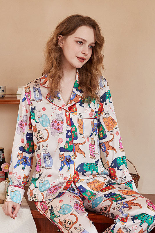 Coordinated Cute Cat Print Ice Silk Long-Sleeve Pajama Set