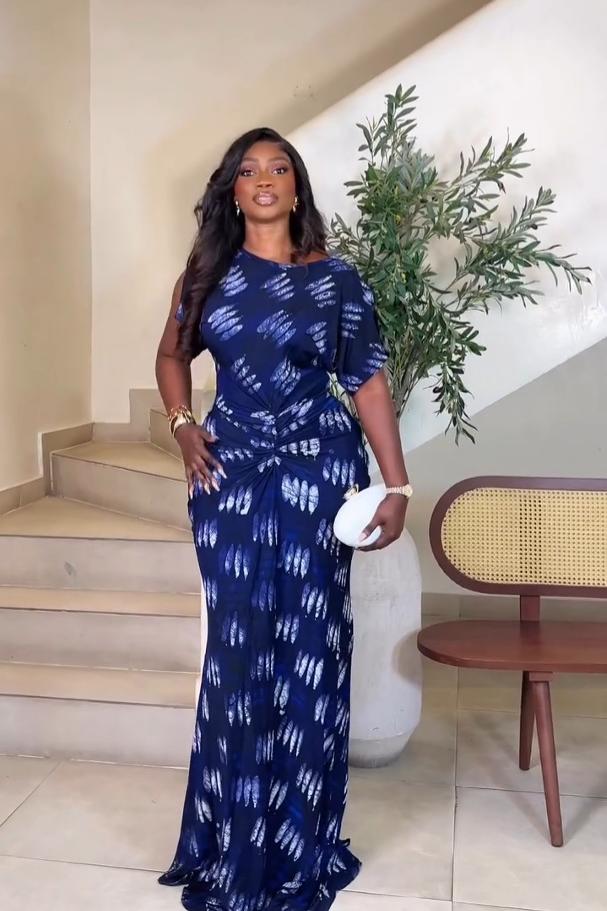 Navy Blue Feather-Print Ruched Maxi-Length Dress