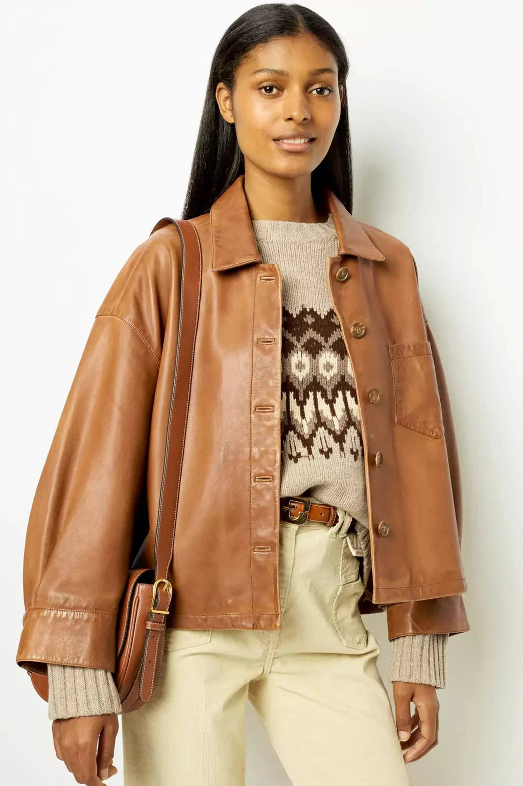 Clean-Lined Boxy Leather Short Jacket