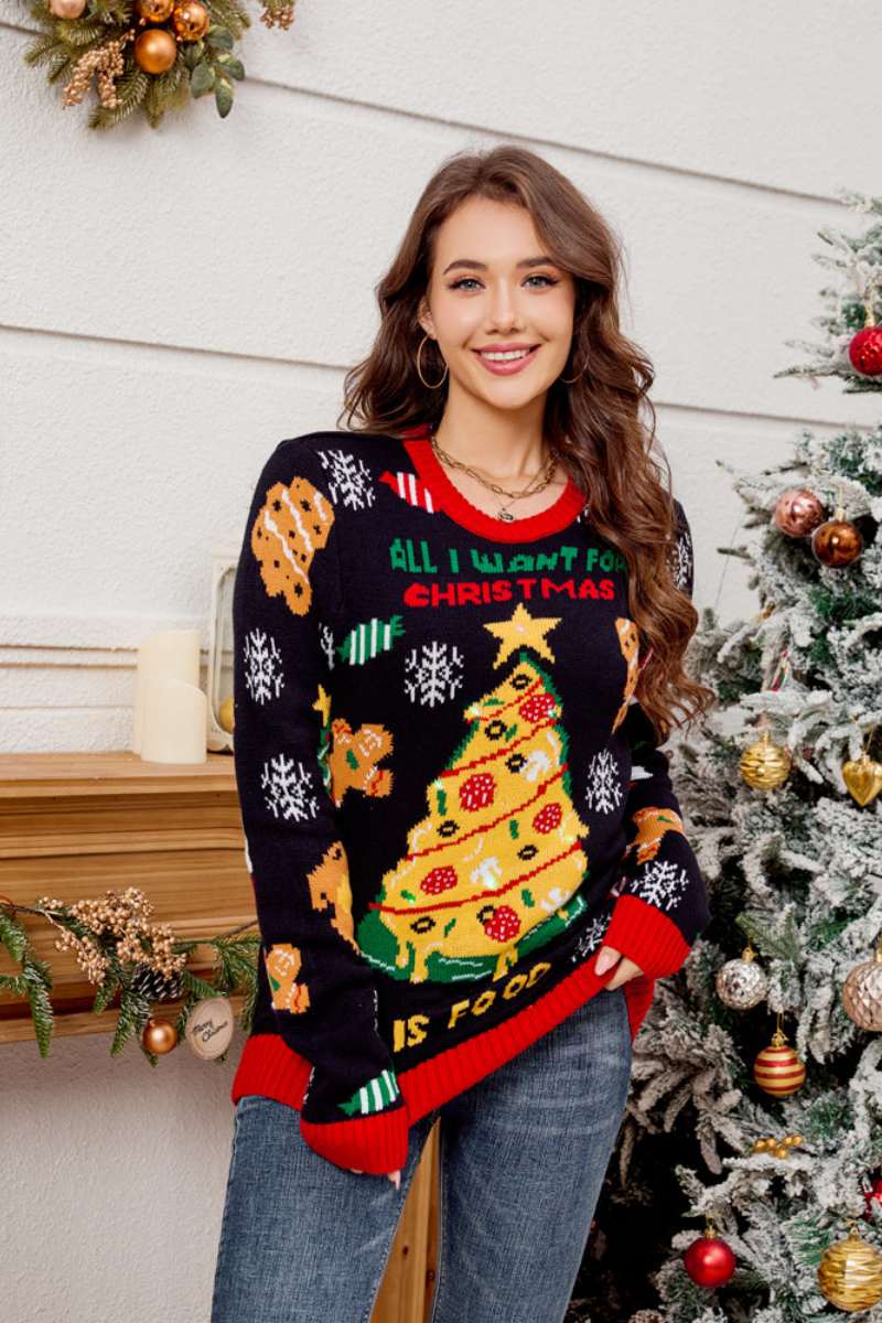 Relaxed Crew Neck Embroidered Christmas Tree Knit Sweater
