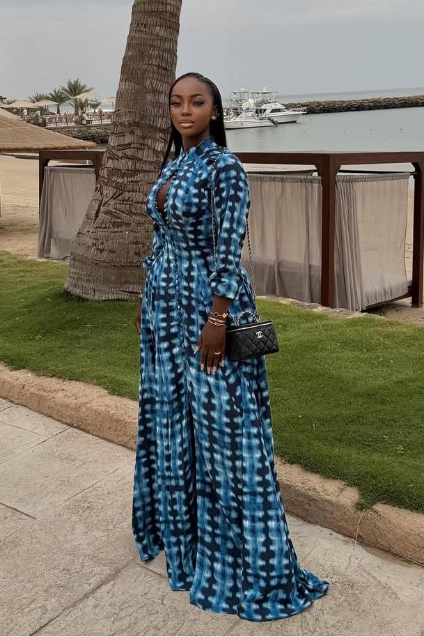 Blue Tie-Dye Button-Front Maxi-Length Dress