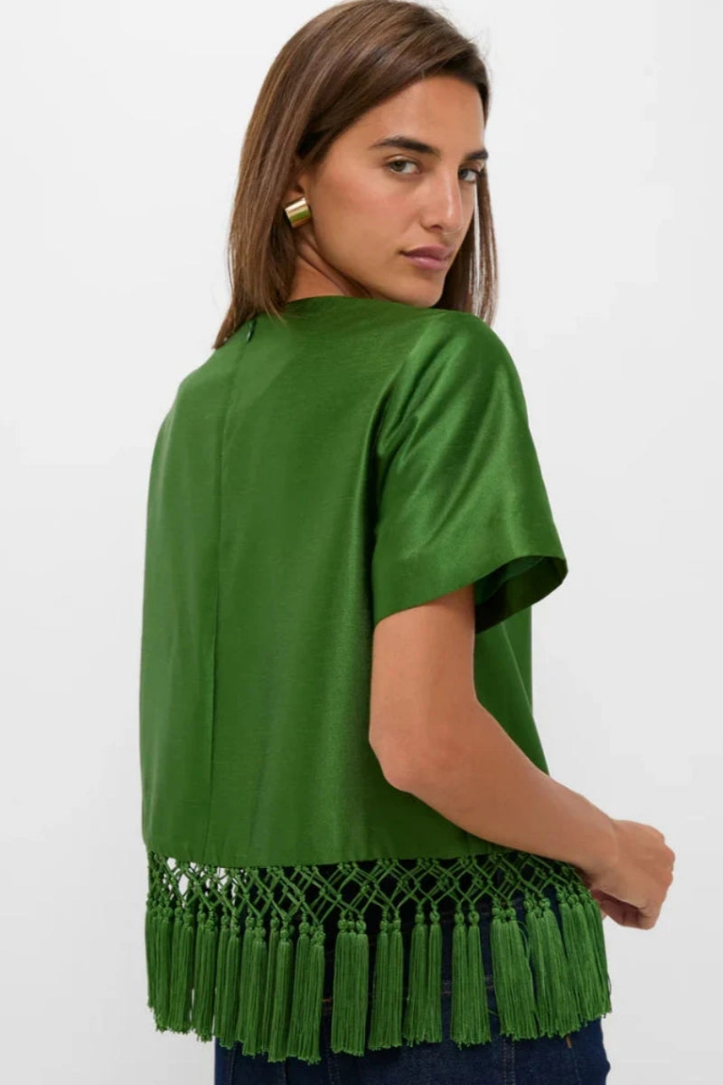 Modern Green Satin Fringe Top