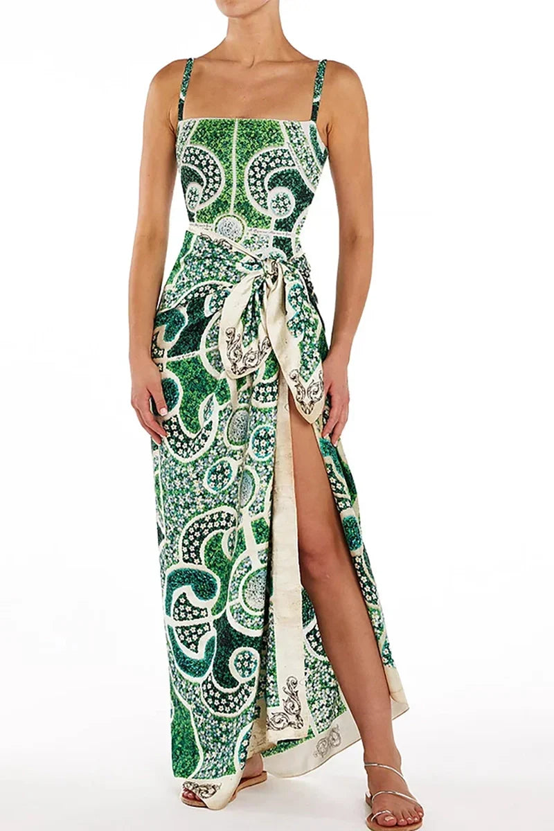 Green Ethnic Print One Piece Swimwear Set