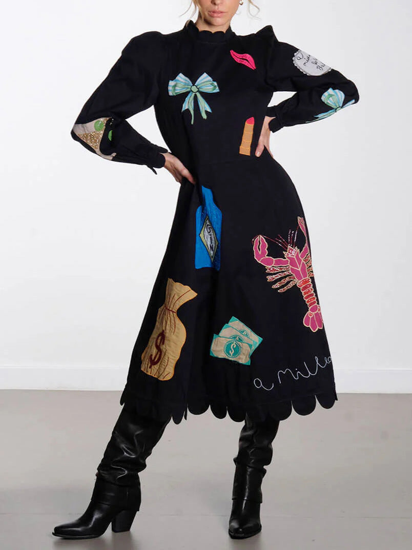 Lobster Graffiti Scallop Trim Midi-Length Dress