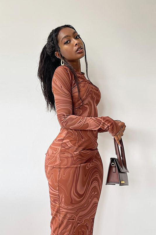 Edgy Swirl Sheer Midi-Length Dress