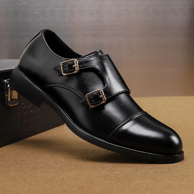 Full-Grain Leather Monk Strap Shoes with Cap-Toe Detail