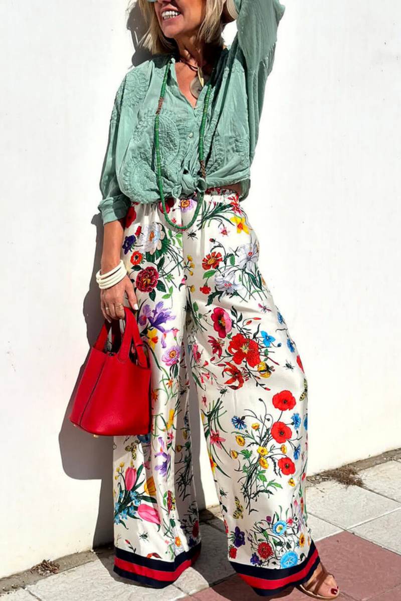 Flower Distinctive Print Elastic Waist Pocketed Wide-Leg Trousers-Set